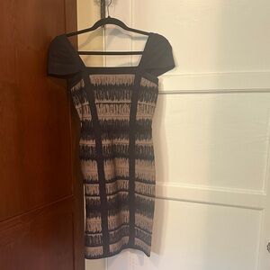 Herve Leger Black and Beige Bandage Mini Dress